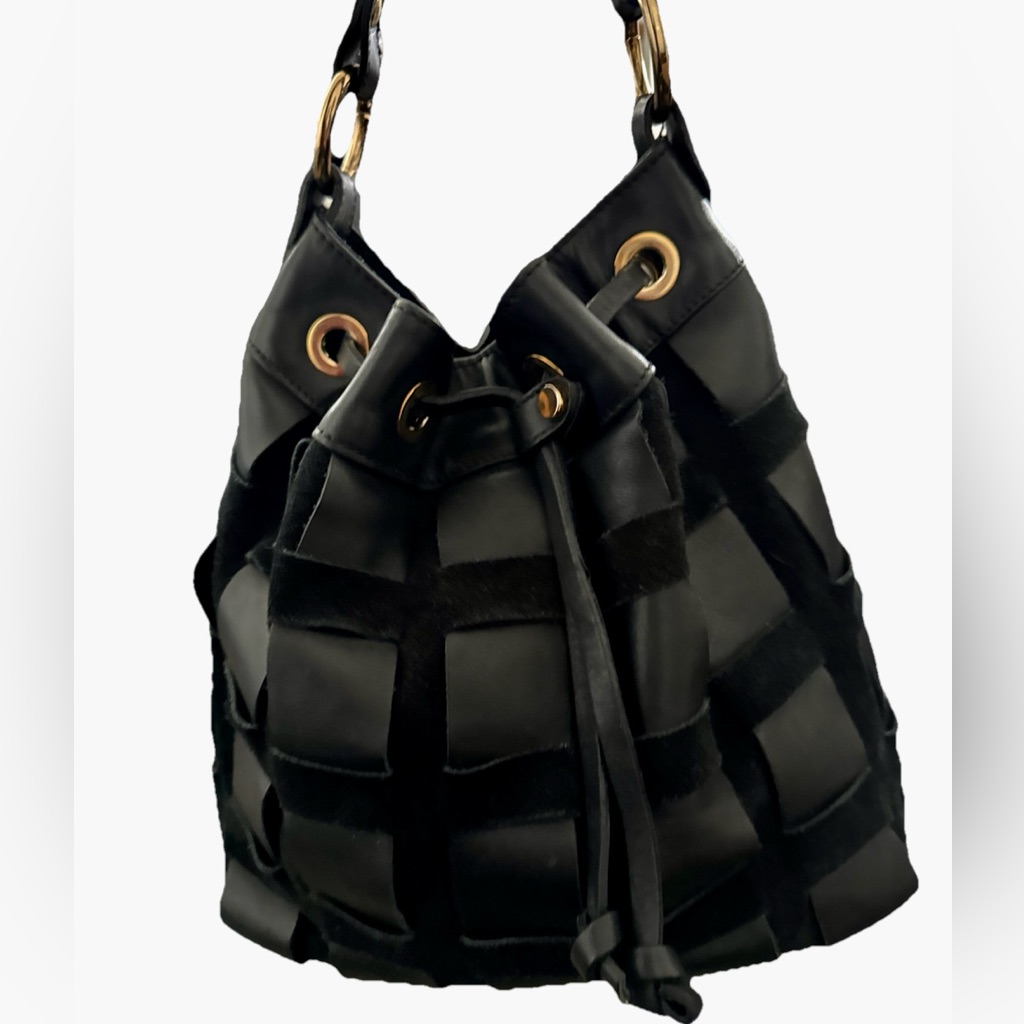 Nardelli Bucket Bag - Black Woven Suede Leather Drawstring Crossbody